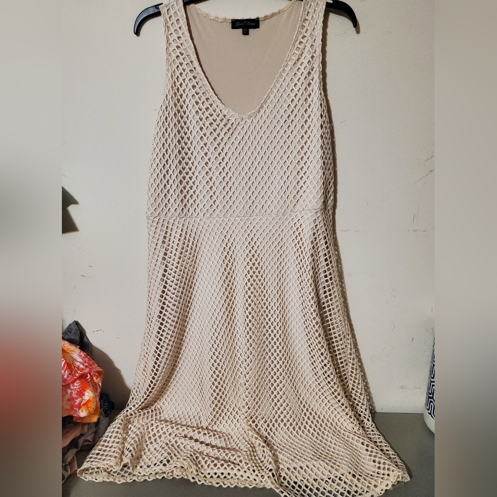 Y2K Cream Crochet Fishnet Dress Open Weave Large